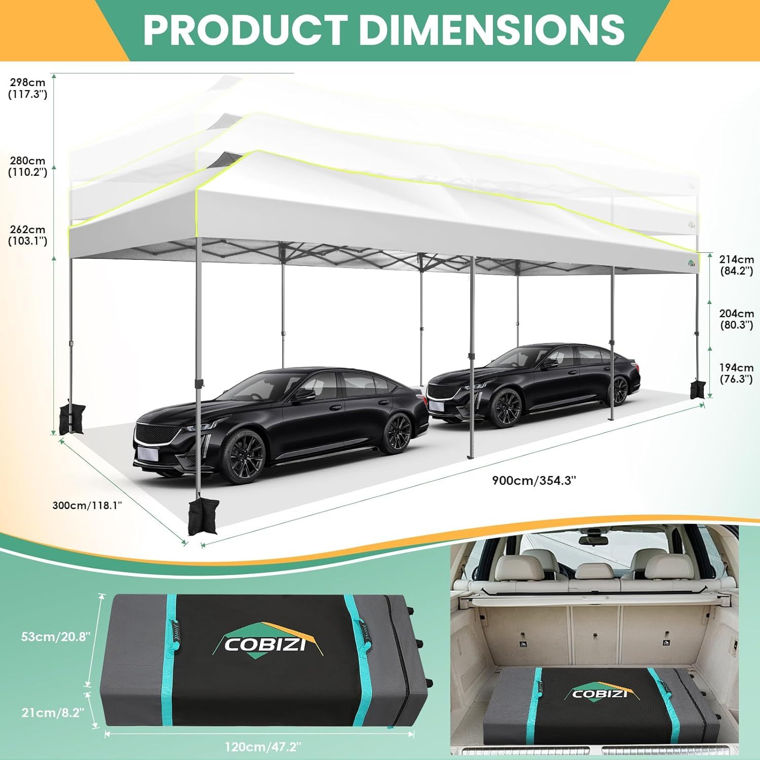 COBIZI - Tienda de campaña desplegable de 10 x 20 Pulgadas, Tienda de campaña instantánea Comercial para Bodas, Fiestas con 3 Altura Ajustable, toldo Ez Up para Exteriores, Impermeable, UPF50+ con
