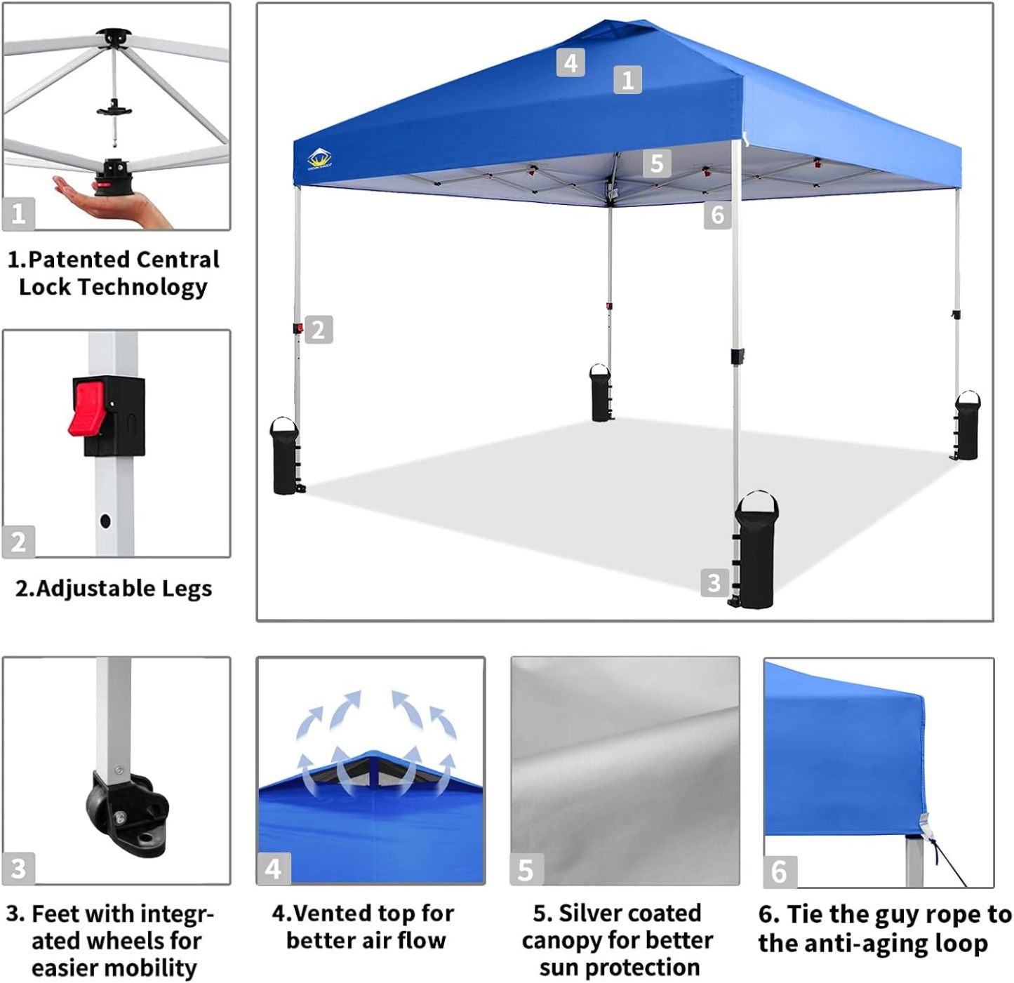 CROWN SHADES - Toldo desplegable para la Playa, fácil de armar, para el Aire Libre, Eventos, Fiestas, Campamento, Cubierta STO-N-Go, Parte Superior recubierta de Plata, 10 x 10 Pulgadas, Blanco