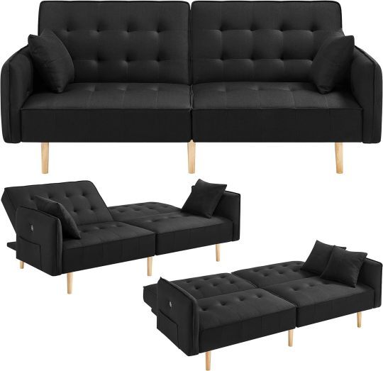 Yaheetech Sofá cama convertible moderno futón sofás, cama plegable y abajo, tela de lino reclinable para sala de estar, color gris-almohada