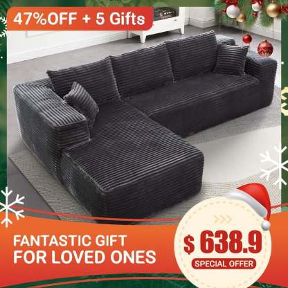 【2 Packages Shipping】Ovios 104" Plush Corduroy Cloud Velvet Modular Couch with Chaise, No Assembly Required - L-Shaped Sectional Sofa Set with Flexible Configuration - 104"W x 67.7"D x 30"H, 3 Seater
