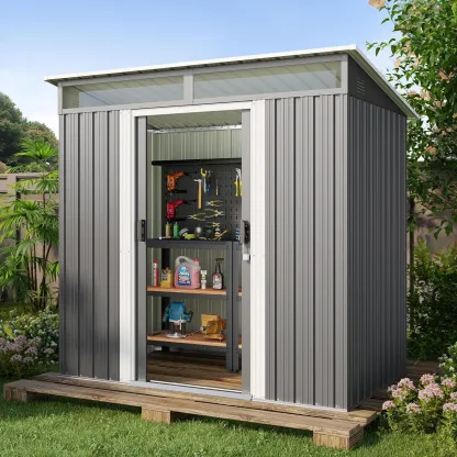 Gizoon - Cobertizo de almacenamiento para exteriores de metal de 6 x 4 pies, cobertizo de jardín con puertas correderas con cerradura, versátil cobertizo para bicicletas con ventanas de panel