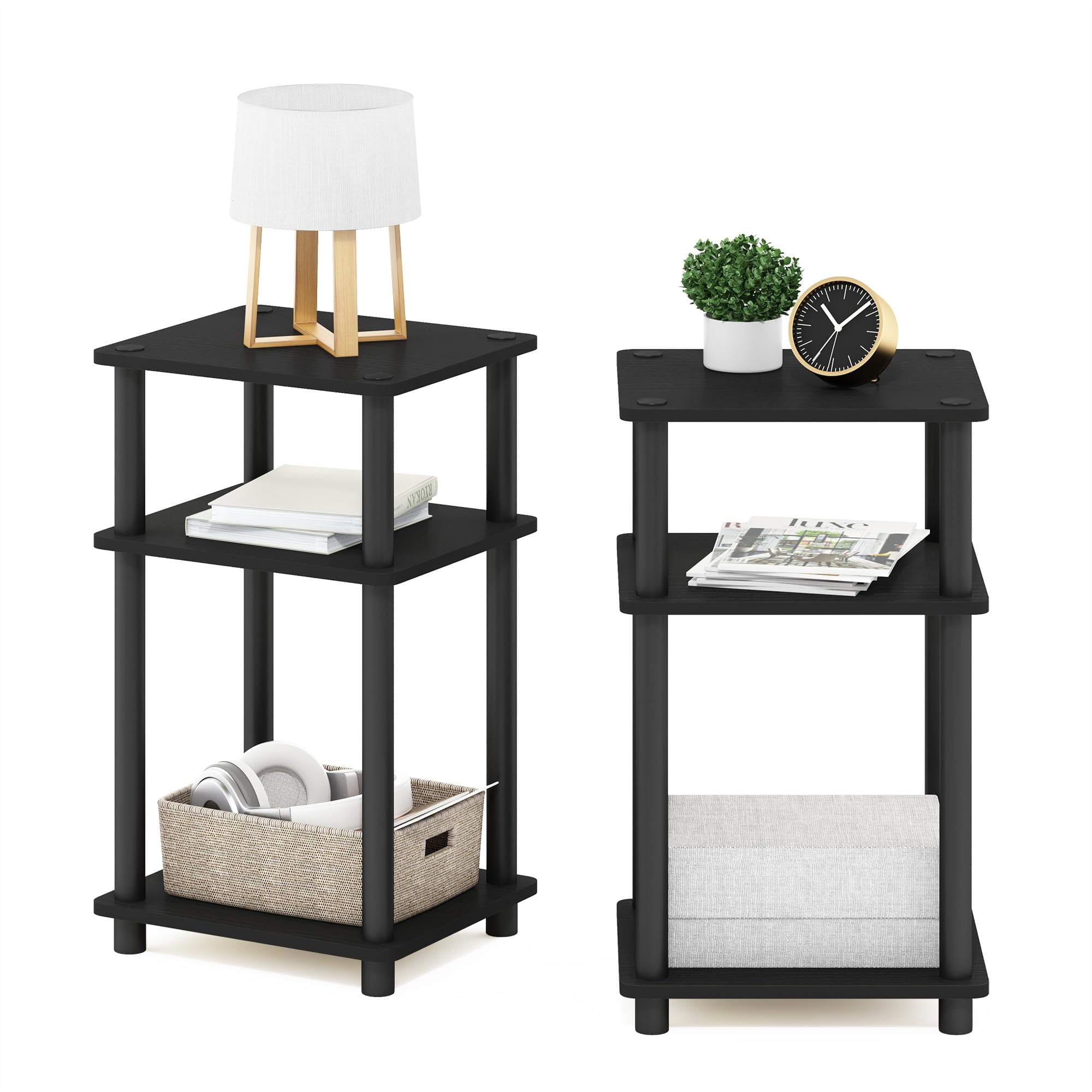 Mesa auxiliar Furinno Just de 3 niveles Turn-N-Tube, paquete de 2 unidades, americano/negra