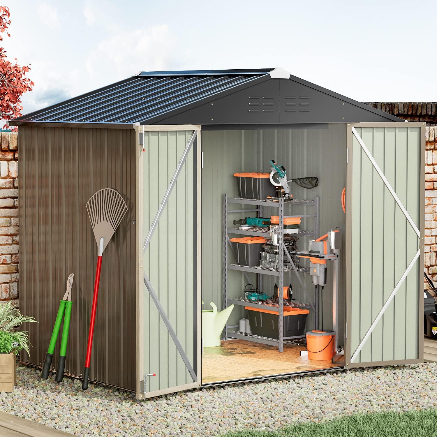 Greesum - Cobertizo de almacenamiento de metal para exteriores, 5 pies x 3 pies, herramienta de acero para cobertizo de almacenamiento con puerta y cerradura, para patio trasero, jardín, patio, césped (5 x 3 pulgadas), color café