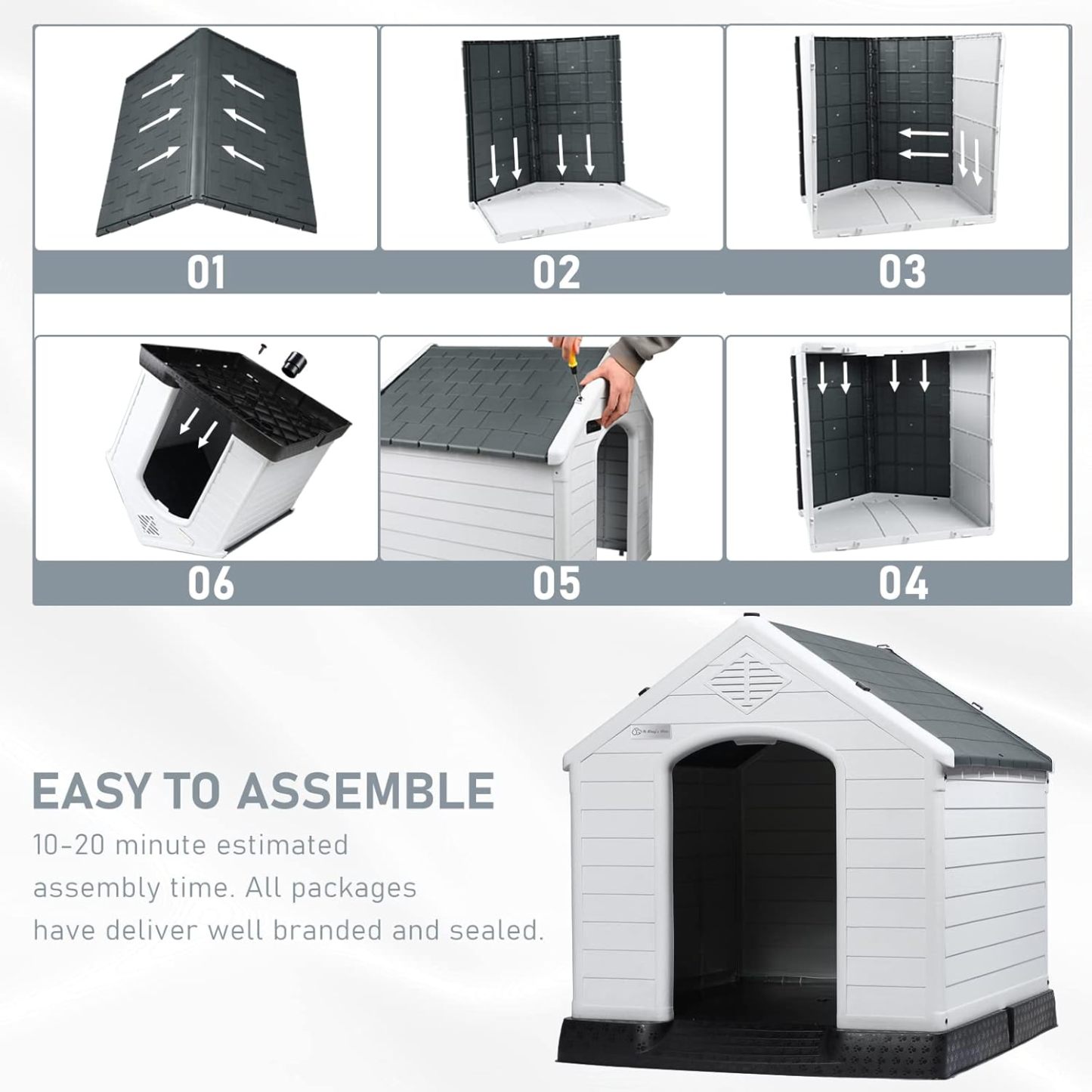 LEMBERI Casa de plástico duradera e impermeable para perros de tamaño pequeño a grande, casa de perro aislada para interiores y exteriores, refugio para cachorros con suelo elevado, fácil de montar, diseño de ventilación para perros