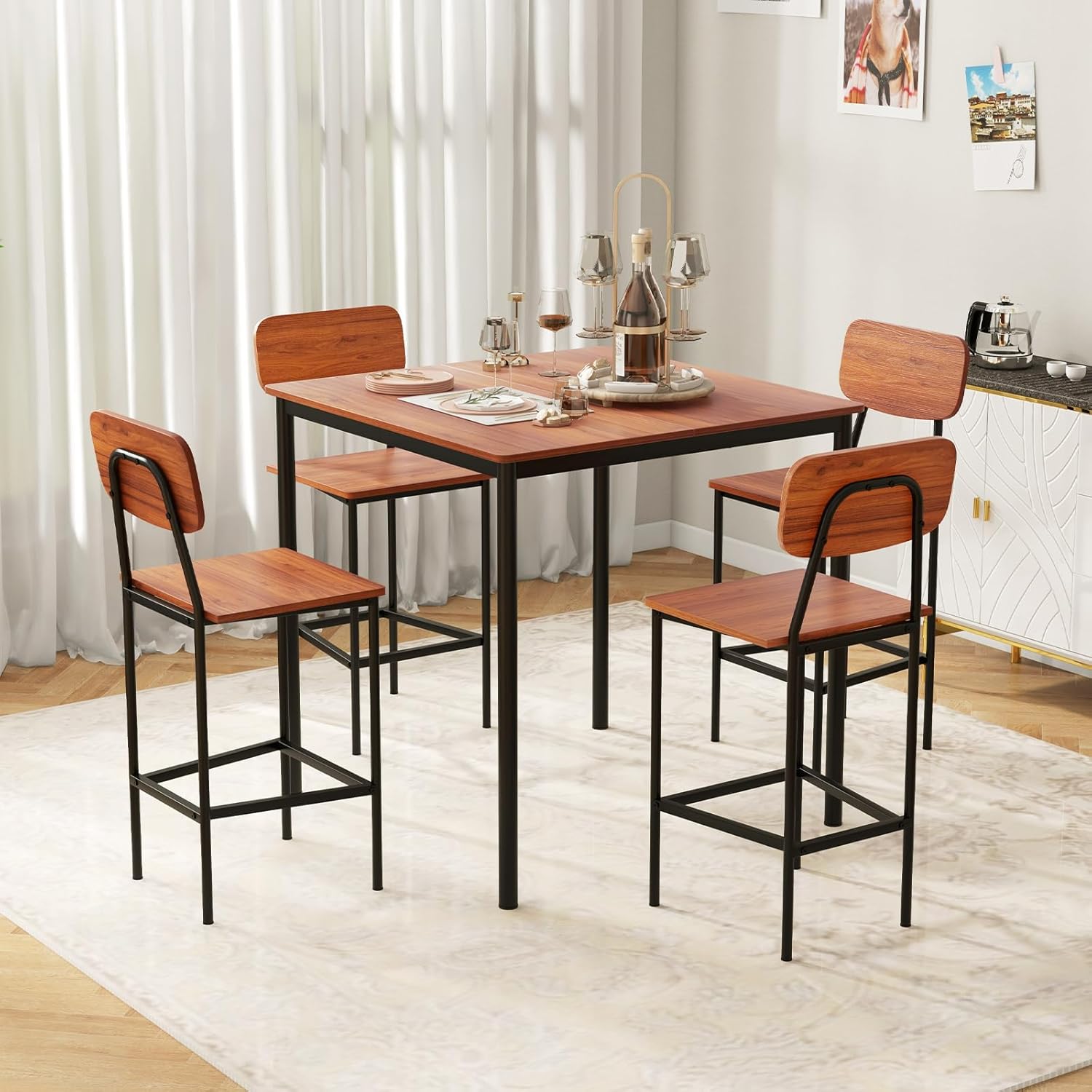 Juego de mesa de comedor de 5 piezas con mesa de altura y 4 taburetes de bar, juego de comedor industrial de cocina con reposapiés y respaldo, juego de comedor que ahorra espacio para pub,