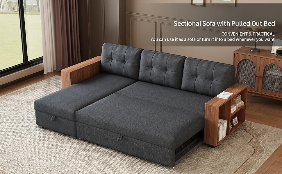 Sof&aacute; cama convertible seccional en forma de L con tumbona de almacenamiento y 2 reposabrazos de madera para gabinete