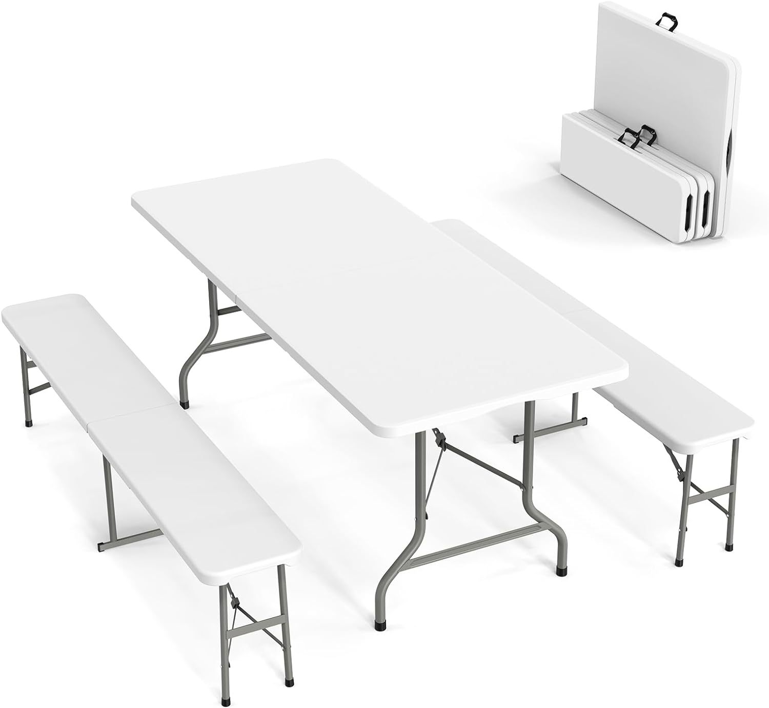 VINGLI Juego de mesa de picnic con 2 bancos, juego de sillas de mesa de camping de 6 pies, muebles plegables de 3 piezas para uso interior o exterior