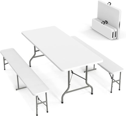 VINGLI Juego de mesa de picnic con 2 bancos, juego de sillas de mesa de camping de 6 pies, muebles plegables de 3 piezas para uso interior o exterior