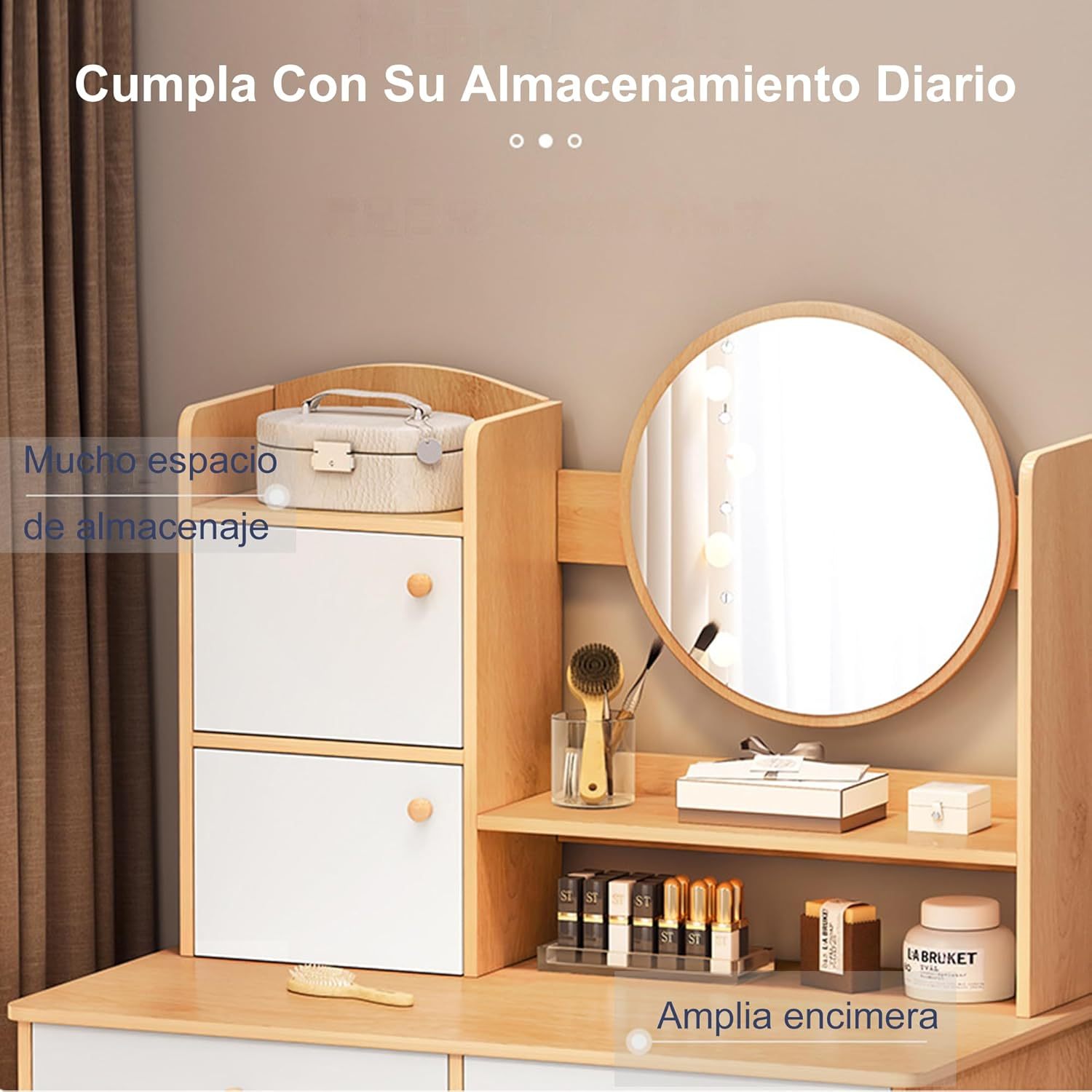 Genérico Tocador con Espejo Iluminado Corredizo, Mesa de Vestidor con Estante Oculto y Taburete Tapizado, Juego de Taburete de Escritorio Tocador De Maquillaje(80cm Ancho x 36cm Fondo x 130cm Alto)
