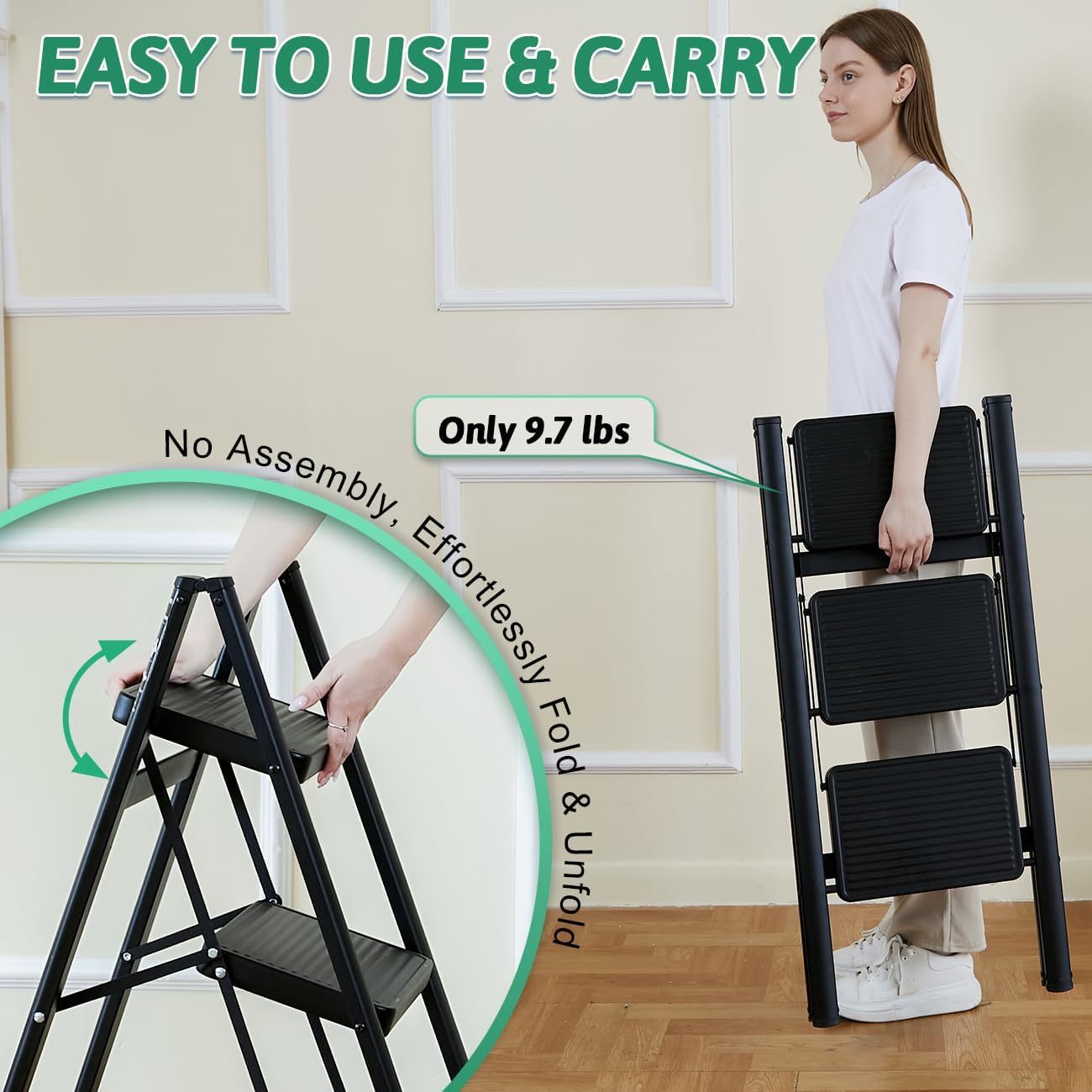 Escalera plegable de 5 peldaños de carga de 350 libras para el hogar/interior, escalera alta de cocina/clóset para adultos, escalera ligera compacta con pedal ancho antideslizante, color