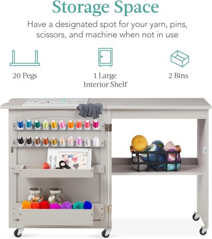 Best Choice Products - Mesa de coser plegable multiusos, estación de manualidades, diseño compacto, ruedas, estantes, almacenamiento, clavijas, puertas magnéticas, pomos de puerta de metal, blanca