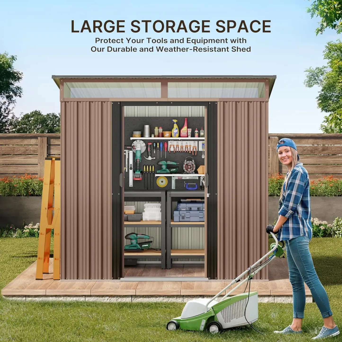 Gizoon - Cobertizo de almacenamiento para exteriores de metal de 6 x 4 pies, cobertizo de jardín con puertas correderas con cerradura, versátil cobertizo para bicicletas con ventanas de panel
