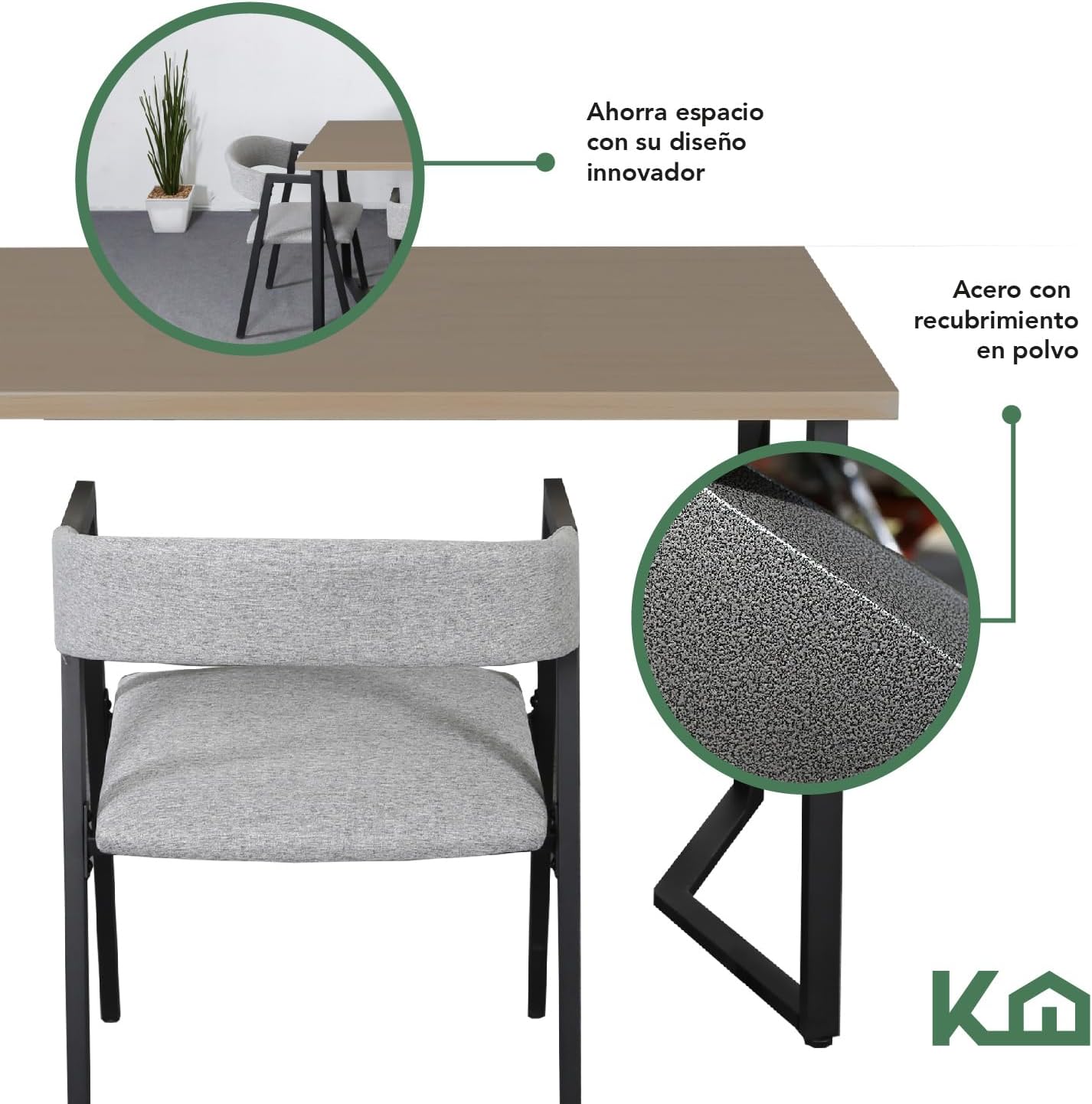 Kingshouse | Comedor 4 Sillas y Mesa – Juego de Comedor - Madera MDF Estructura Metálica - Acolchado - Moderno Minimalista - 4 Personas - Gris - Café