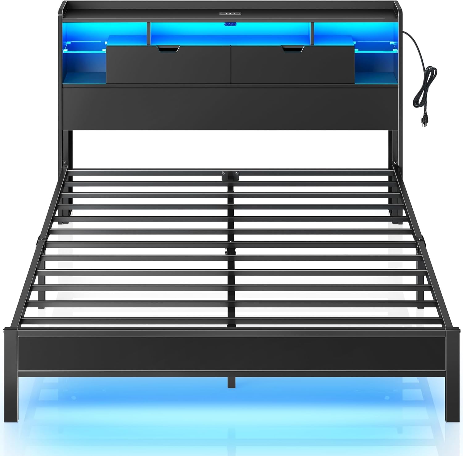 MAMALAND Base de Cama de tamaño matrimonial con estación de Carga, Marco de Cama LED con cabecera de Almacenamiento (Full)