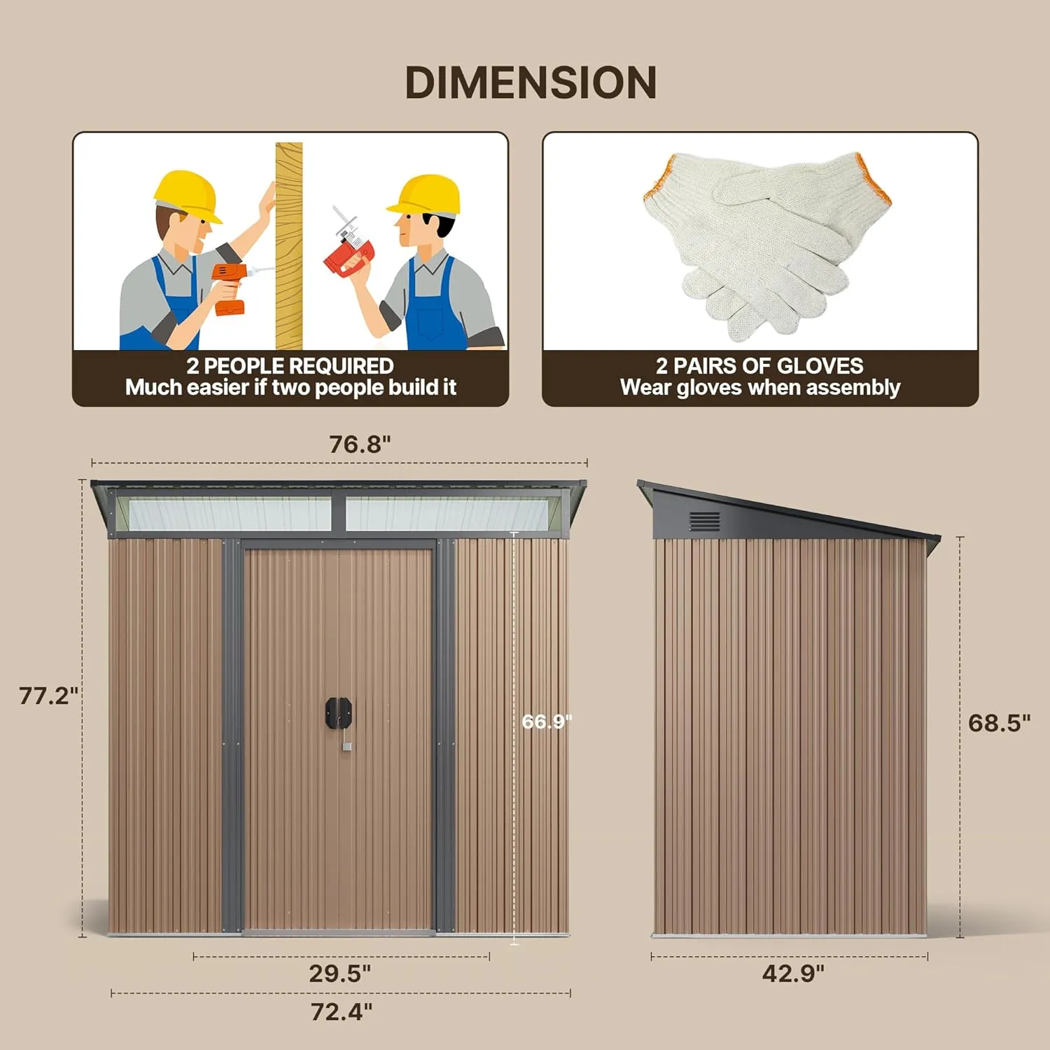 Gizoon - Cobertizo de almacenamiento para exteriores de metal de 6 x 4 pies, cobertizo de jardín con puertas correderas con cerradura, versátil cobertizo para bicicletas con ventanas de panel