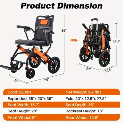 Silla de ruedas ligera para adultos con mango telescópico, silla de ruedas de transporte plegable, peso 26.7 libras, para personas mayores, soporta 220 libras, gris oscuro, fina silla de ruedas para regalo de Halloween o Navidad.