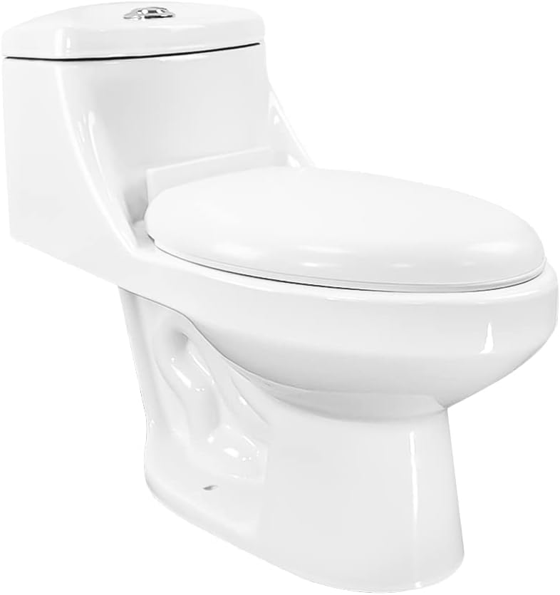 Inodoro de una Pieza para Baño, WC Escusado Color Blanco en Cerámica con Válvula de Carga y Descarga, con Asiento de Cierre Suave.