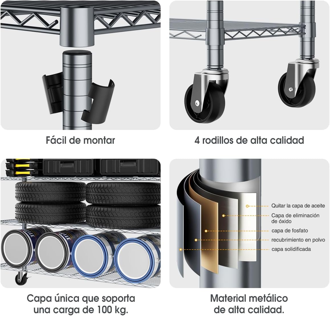 MXLENOBLE Estante de 5 repisas, Estantería de Almacenamiento Ajustable de estantes, Resistente en Ruedas de 4 Pulgadas, Estante Organizador de Metal, Cromado (IC085-B)