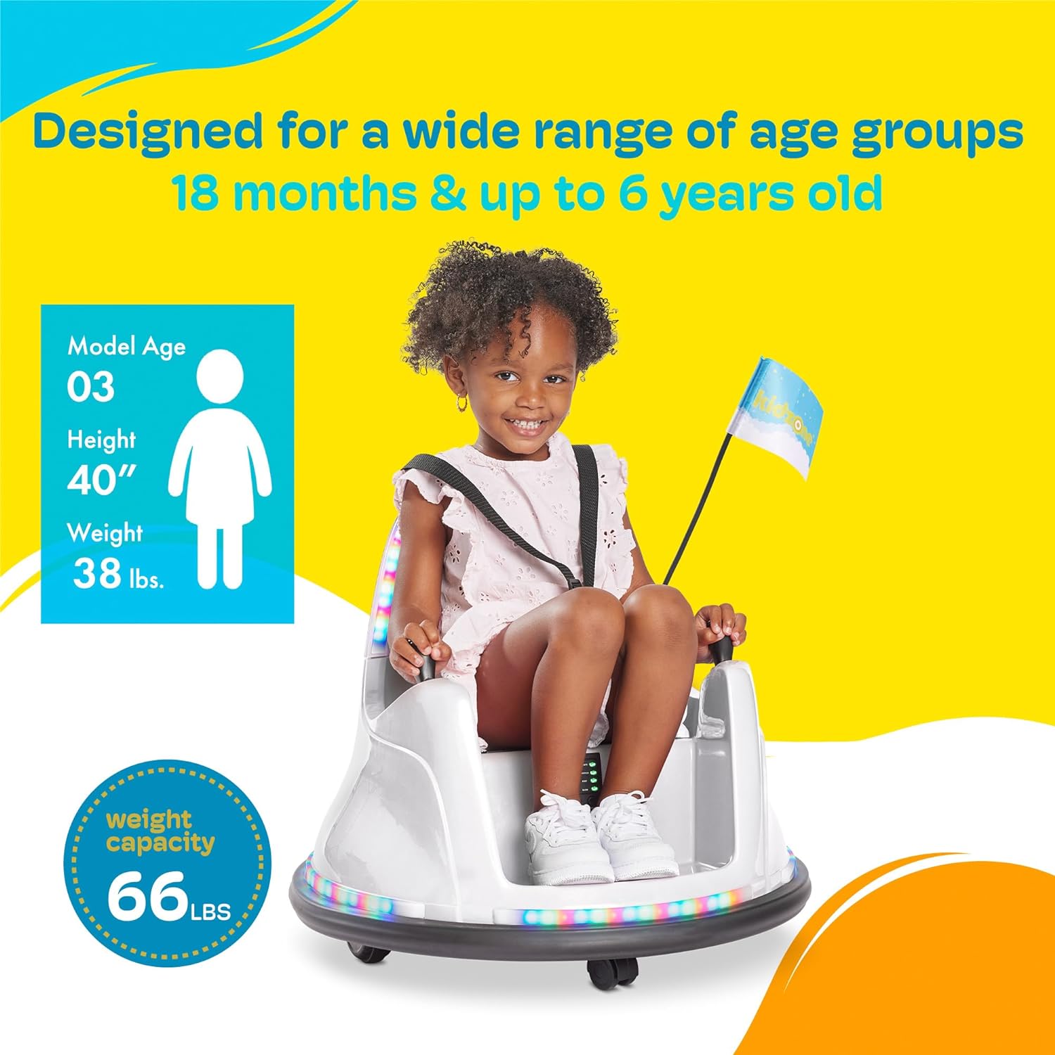 Kidzone Coche de parachoques inteligente para niños pequeños y niños, 12 V, 2 velocidades, juguete eléctrico para chocar, regalos con control remoto, control de aplicación, luces LED, Bluetooth, giro de 360° y pegatina de bricolaje, certificado ASTM