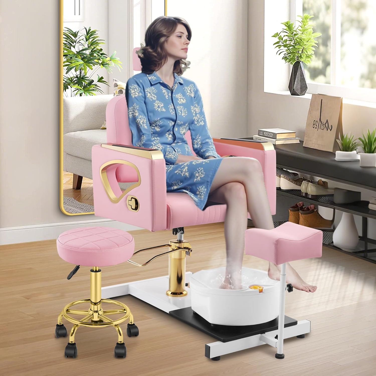Hicomony - Silla de pedicura de spa rosa sin fontanería para tecnología de uñas, taburete de pedicura rodante, rotación de 360 °, unidad portátil de estación de pedicura de belleza, spa, sala de estar
