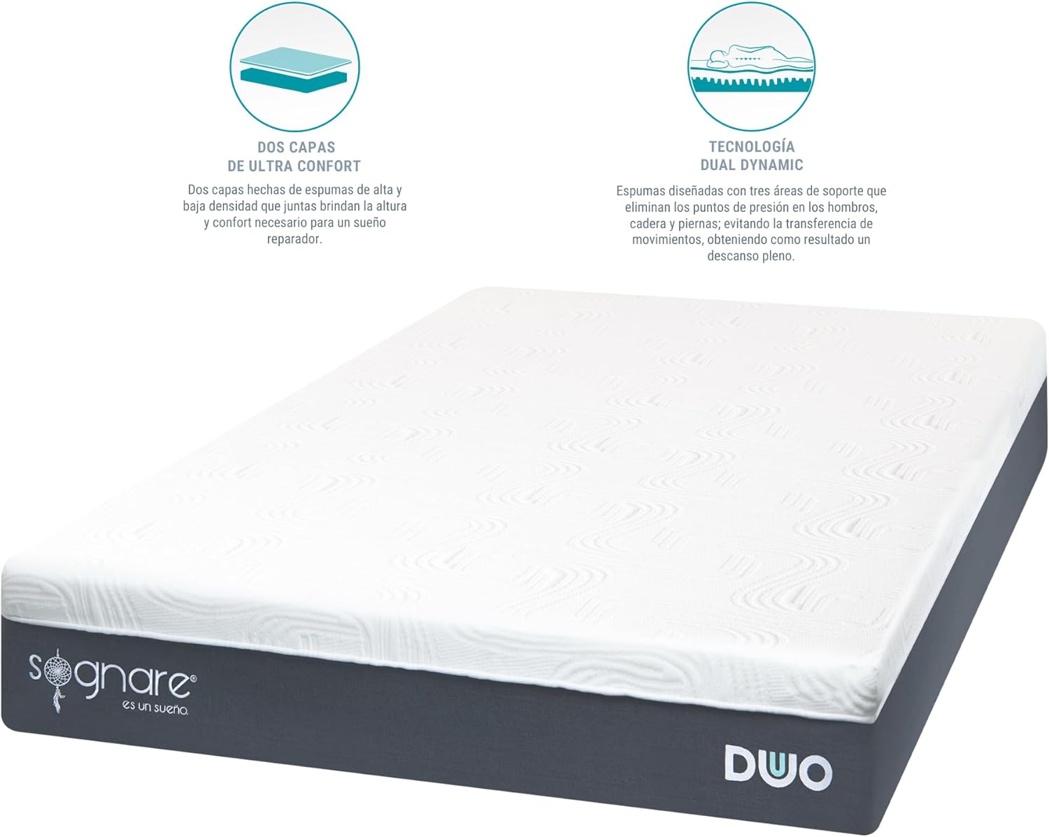Sognare Duo 2.0 Colchón Tamaño Matrimonial Semi Firme Memory Foam, Funda Hipoalergénica Fácil de Limpiar. 100 Noches de Garantía.