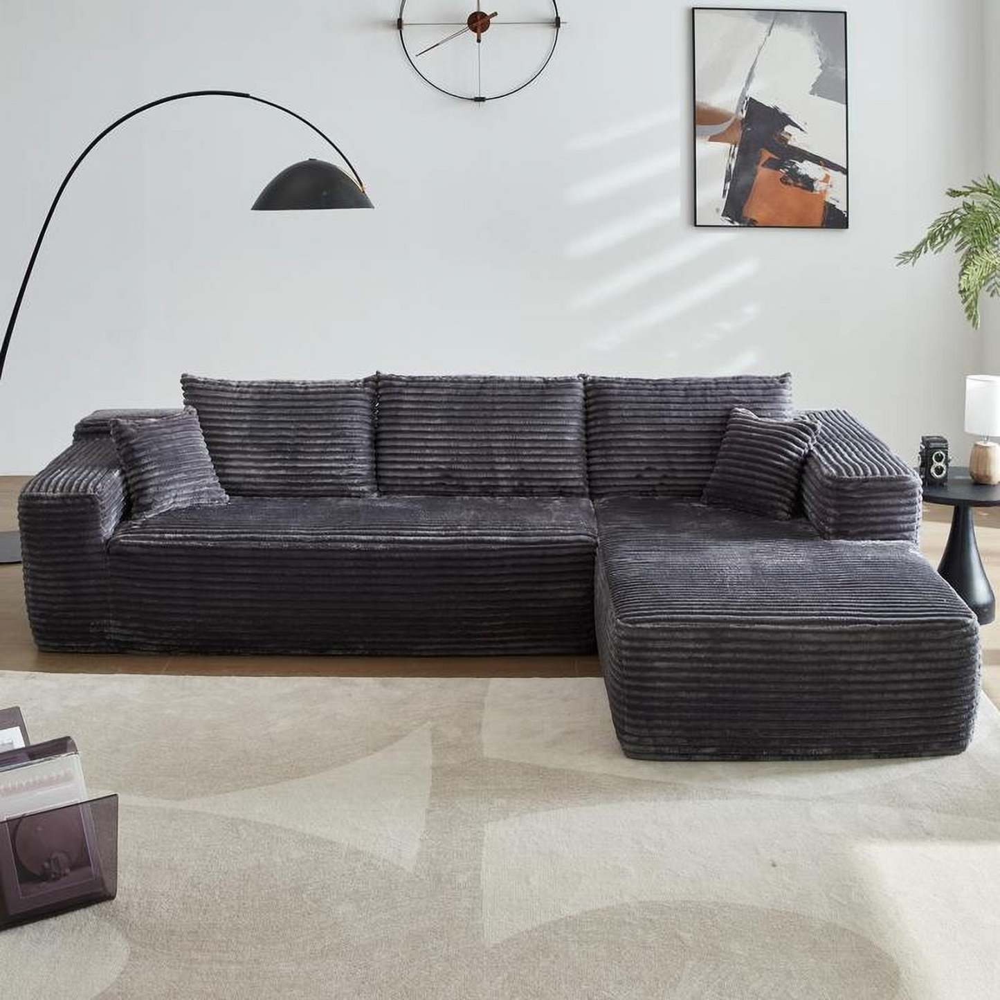 【2 Packages Shipping】Ovios 104" Plush Corduroy Cloud Velvet Modular Couch with Chaise, No Assembly Required - L-Shaped Sectional Sofa Set with Flexible Configuration - 104"W x 67.7"D x 30"H, 3 Seater