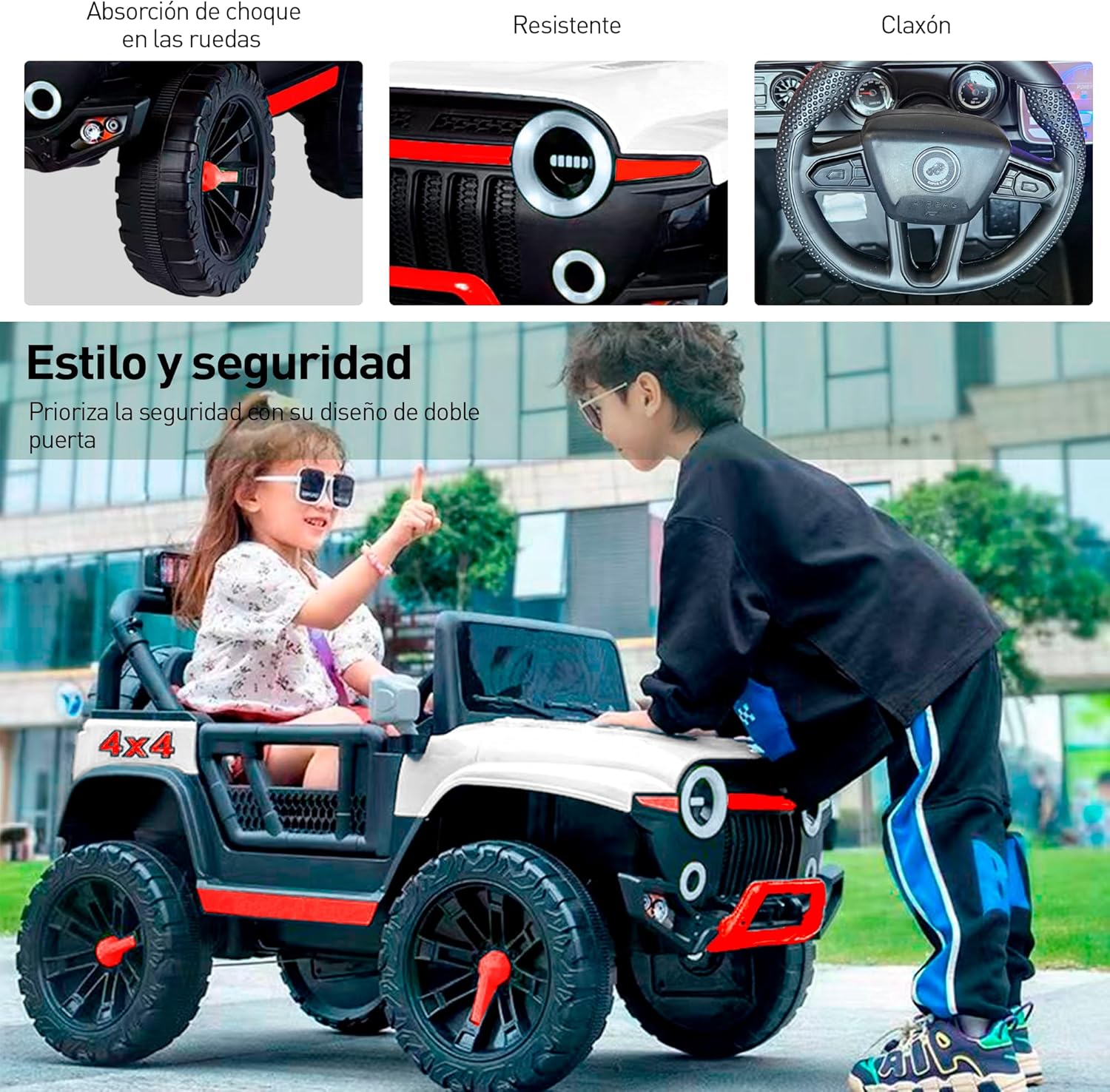 Bluelander Carro Electrico Tipo Jeep Montable Niño Niña, 69*61*105 Cm, Carro Electrico 5 KM/H, Carrito Montable Electrico Musical, Luz Led, Control Remoto, Puerto USB, MIC, Bateria Recargable (Rojo)