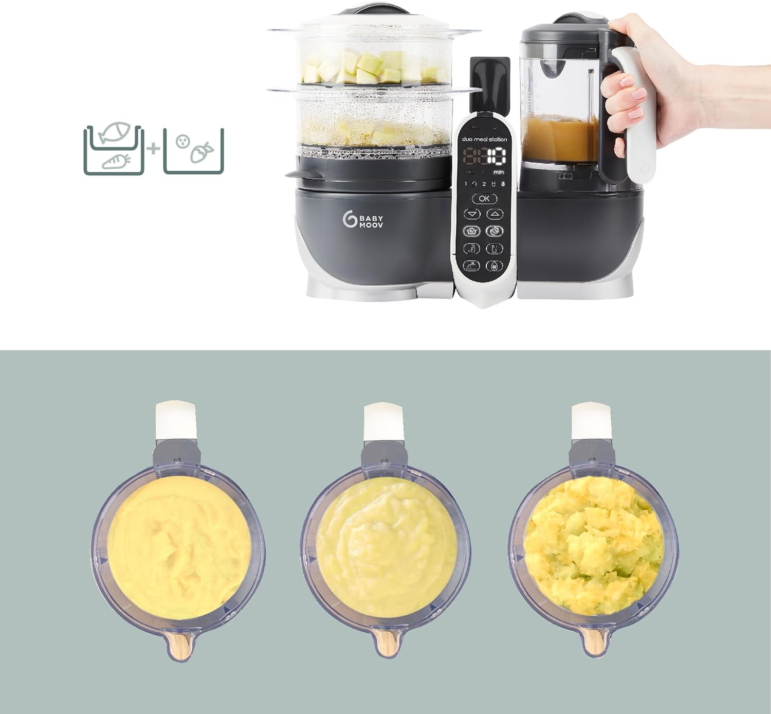 Babymoov Duo Meal 6 en 1: Procesador de Alimentos para Bebés con Vaporizador y Licuadora de Velocidades Múltiples, Calienta y Descongela (Aprobado por Nutricionistas), Gris