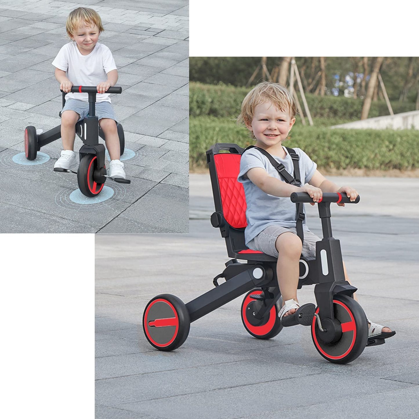 Triciclo de bebé 4 en 1, Bici polivalente, cochecito de dirección plegable, bicicleta de aprendizaje con barandilla desmontable, con toldo ajustable, arnés de seguridad, pedales plegable, freno, asa de empuje para padres, diseño de absorción de impactos,