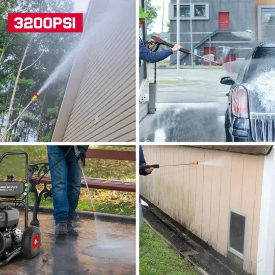 Hidrolavadora a Gas PowerSmart, 3200 PSI 2.5 GPM Bomba de leva axial, Tanque de jabón a bordo de 208 cc, 5 boquillas QC Manguera de 25 pies, Pistola pulverizadora y varilla para limpiar autos/casas