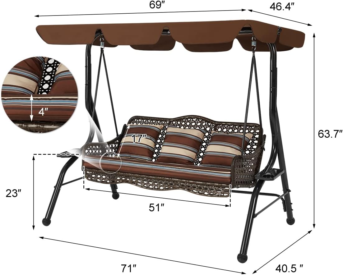 AECOJOY Columpio de mimbre de 3 asientos, columpio de patio con dosel, 2 bandejas laterales, 3 almohadas y cojín extraíble, columpio de mimbre para patio con soporte columpios al aire libre para adultos, balcón, jardín, terraza (ratán marrón)