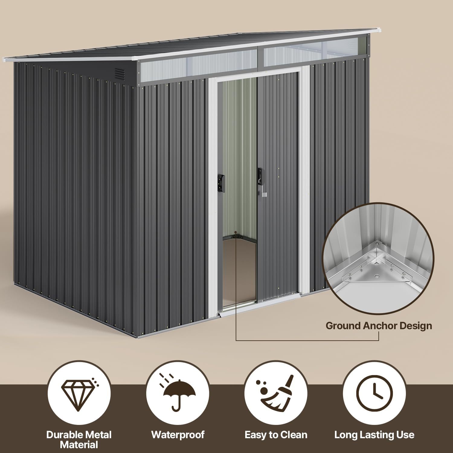 Gizoon - Cobertizo de almacenamiento para exteriores de metal de 6 x 4 pies, cobertizo de jardín con puertas correderas con cerradura, versátil cobertizo para bicicletas con ventanas de panel