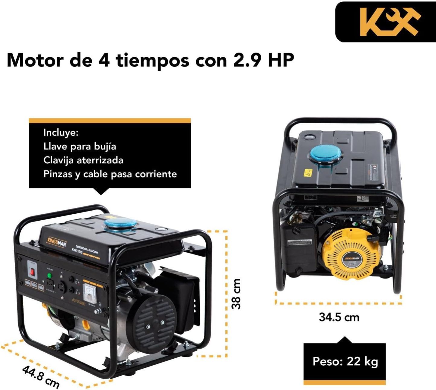 KINGSMAN | Generador de corriente eléctrica a gasolina - planta de luz portátil- estación de energía - 110 V de 2.0 A y potencia de 900 W- 60 Hertz - tanque de combustible 4.2 L