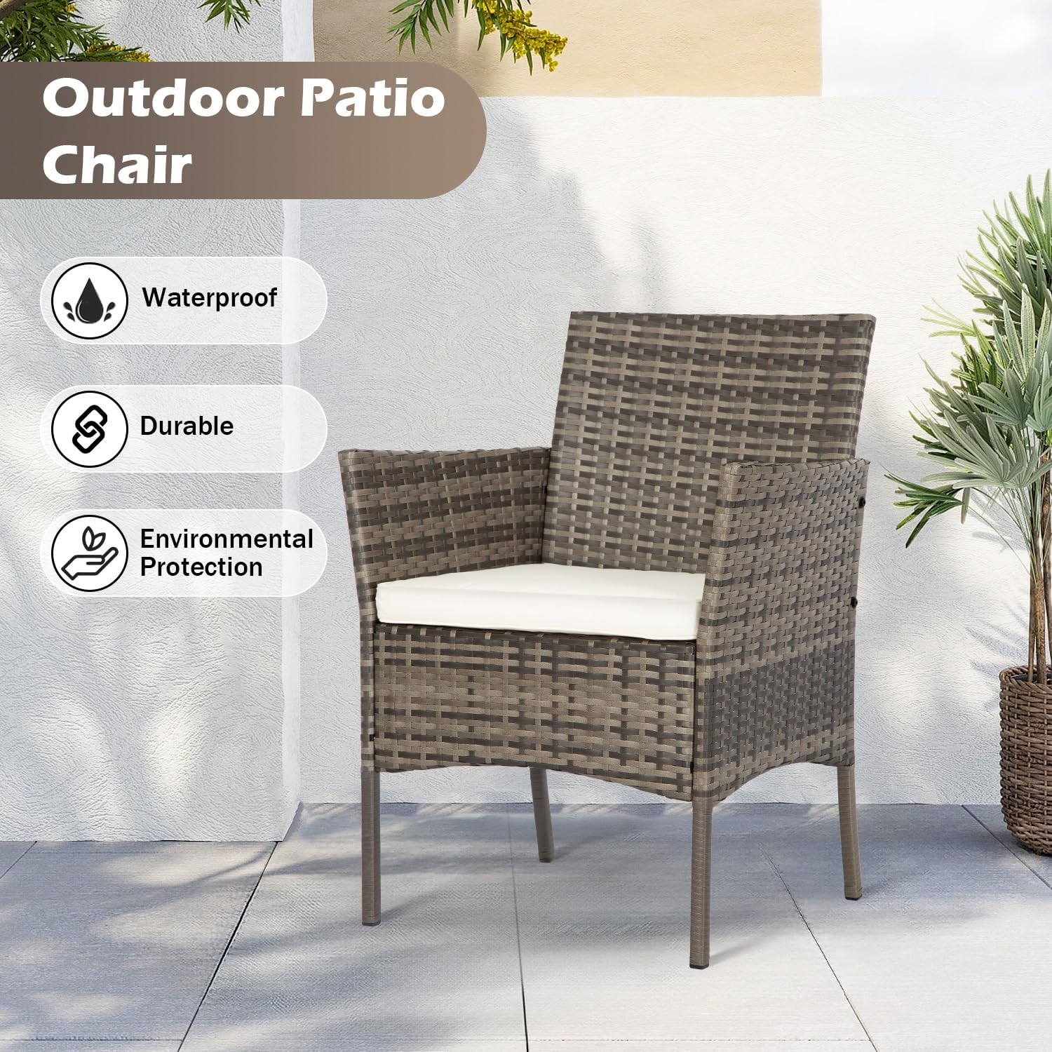 FDW - Juego de 4 muebles para exteriores, juego de conversación de mimbre con silla de ratán, mesa de centro para exteriores, interiores, jardín, patio, porche, terraza, balcón, cojines de mimbre