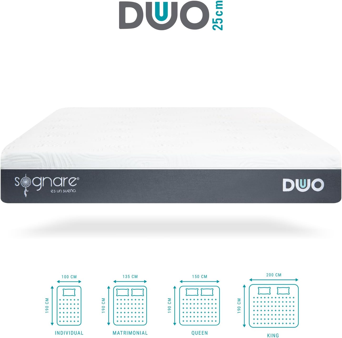 Sognare Duo 2.0 Colchón Tamaño Matrimonial Semi Firme Memory Foam, Funda Hipoalergénica Fácil de Limpiar. 100 Noches de Garantía.