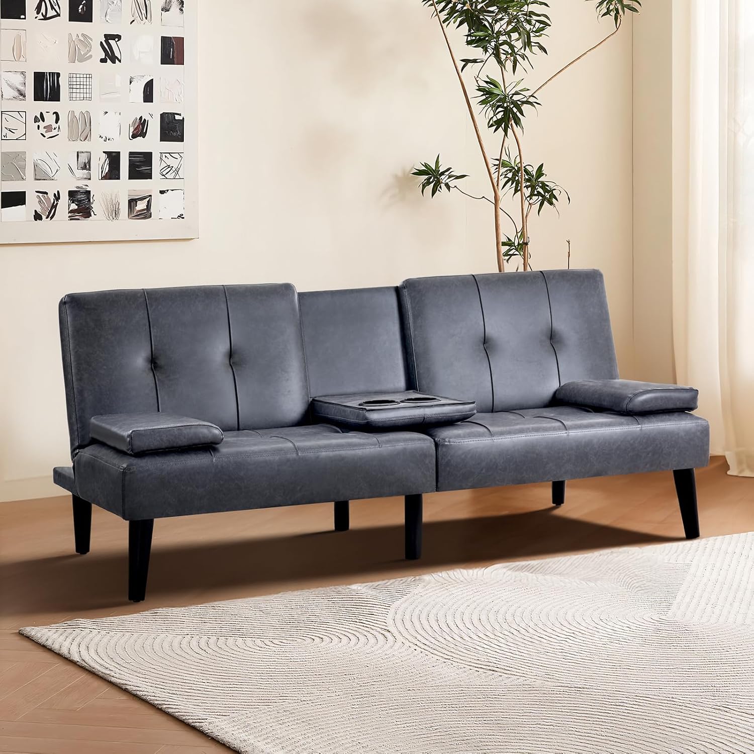 COLAMY - Sofá Cama de futón pequeño, de Piel, futón, sofá de salón, futón Convertible con Soporte para Tazas, reposabrazos extraíble, Respaldo Ajustable, Gris Oscuro