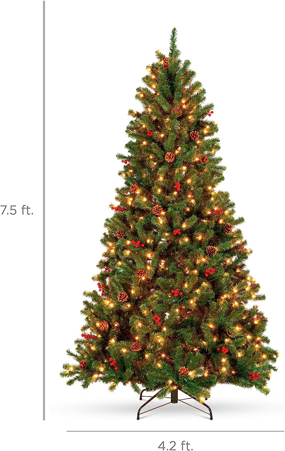 Best Choice Products - Árbol de Navidad artificial preiluminado de 7 pies predecorado con bisagras, con 1.346 puntas, piñas, bayas, 550 luces, base de metal