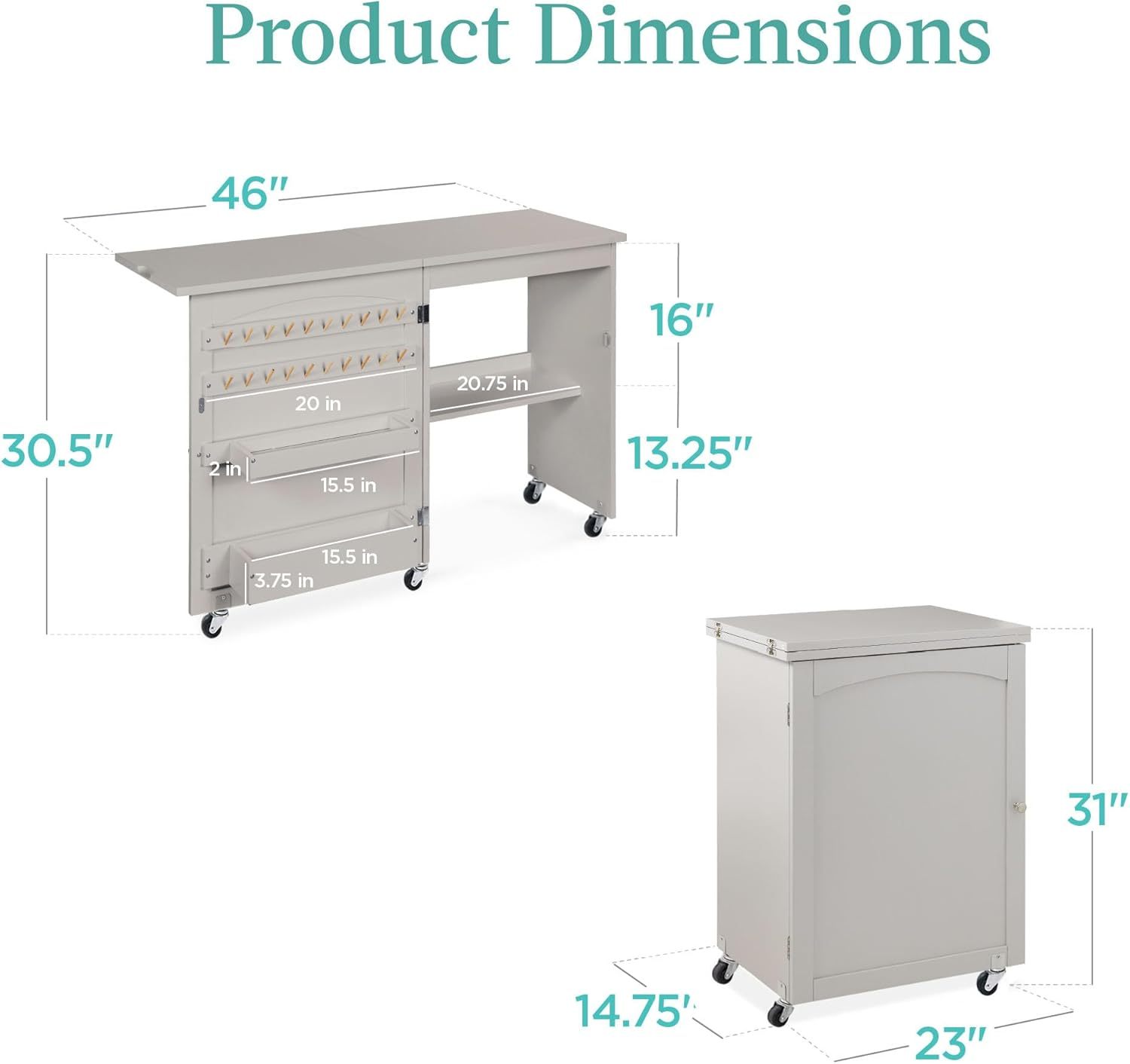 Best Choice Products - Mesa de coser plegable multiusos, estación de manualidades, diseño compacto, ruedas, estantes, almacenamiento, clavijas, puertas magnéticas, pomos de puerta de metal, blanca