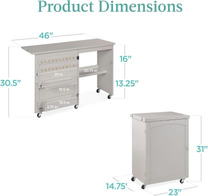Best Choice Products - Mesa de coser plegable multiusos, estación de manualidades, diseño compacto, ruedas, estantes, almacenamiento, clavijas, puertas magnéticas, pomos de puerta de metal, blanca