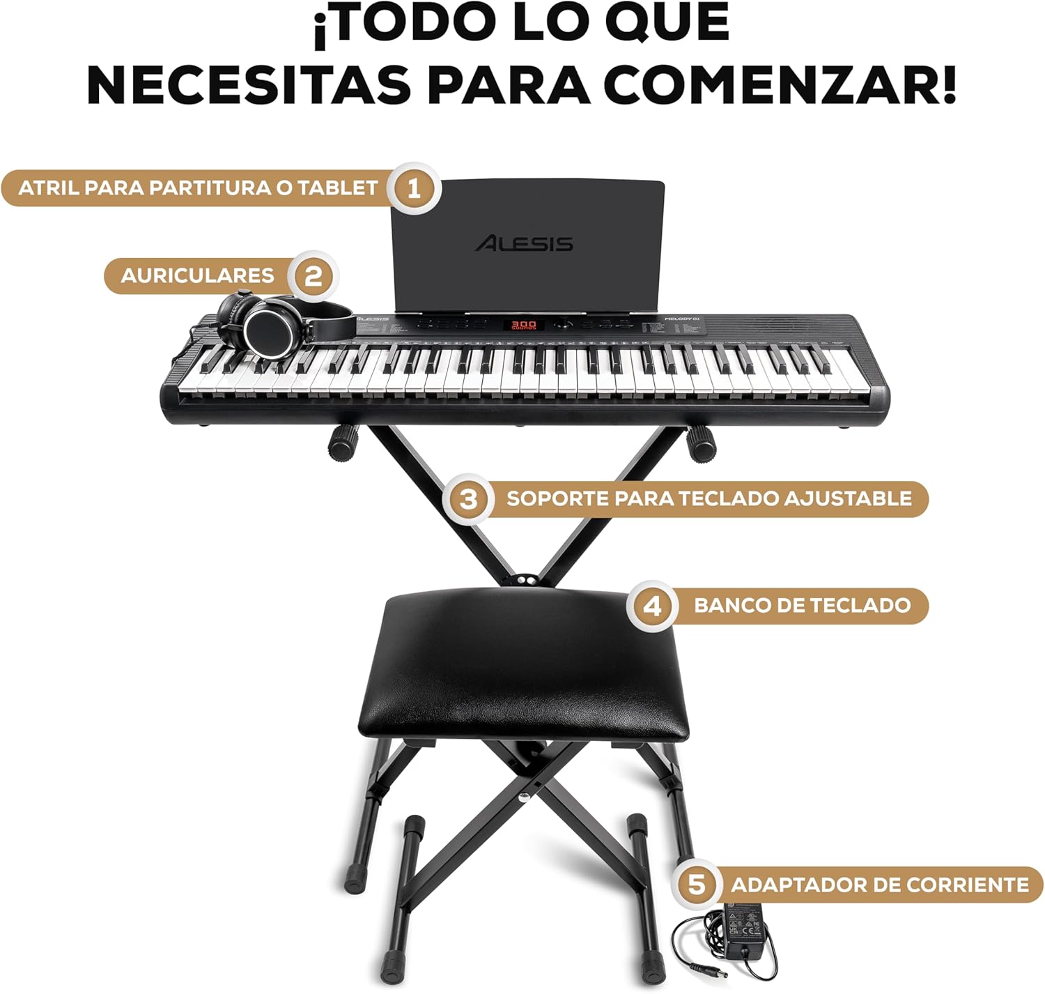 Alesis Melody 61 MK4 Teclado Piano Eléctrico para Principiantes con 61 Teclas, Altavoces, Soporte, Banqueta, Auriculares, 300 Sonidos y Lecciones de Música