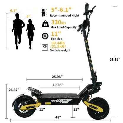 Patinete eléctrico para adultos de 1200 W, neumáticos sólidos de 11 pulgadas, 45 km/h, autonomía de 64 km, apto para adultos, plegable, frenos de disco dobles y amortiguadores dobles.