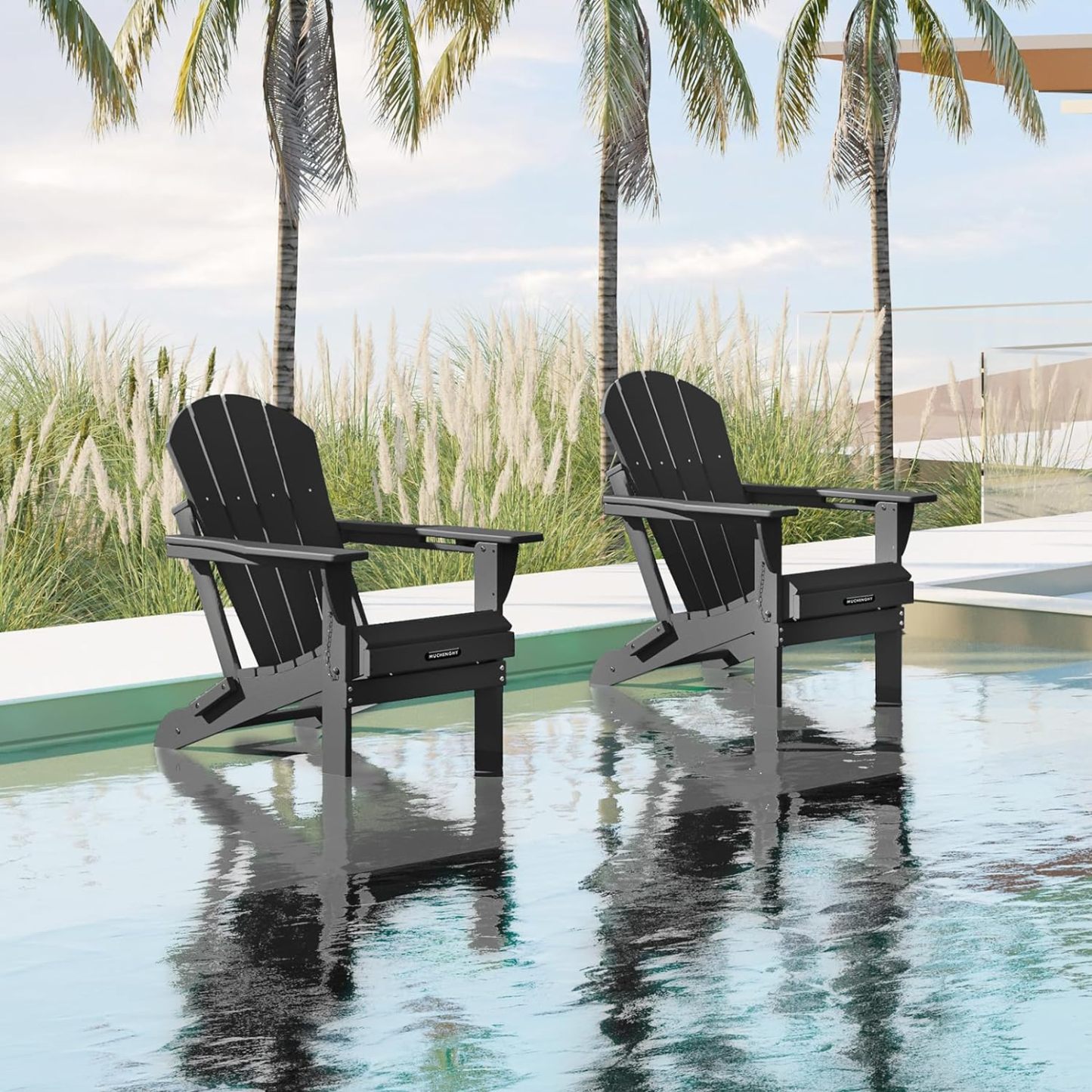 MUCHENGHY Sillas plegables Adirondack, sillas de patio, sillas para hogueras, sillas de exterior, sillas Adirondack de plástico, sillas de césped resistentes a la intemperie con portavasos para terraza, patio trasero, jardín (negro)