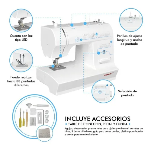 Maquina Coser Recta 33 Puntadas Agujas Luz Led Domestica Color Blanco