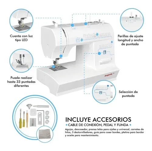 Maquina Coser Recta 33 Puntadas Agujas Luz Led Domestica Color Blanco