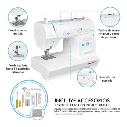 Maquina Coser Recta 33 Puntadas Agujas Luz Led Domestica Color Blanco