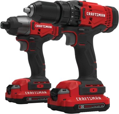 CRAFTSMAN Kit de Herramientas 20V Inalambricas con Taladro Atornillador y Atornilladro de Impacto con 2 Baterías CMCK200C2