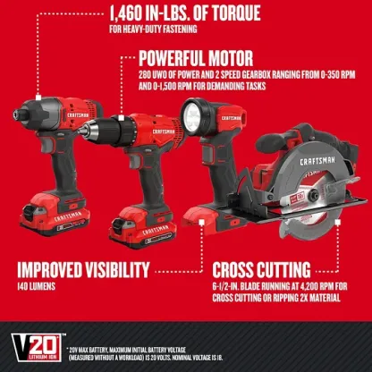 CRAFTSMAN Kit de Herramientas 20V Inalámbricas con Taladro Atornillador Sierra Circular Atornillador de Impacto y Linterna con 2 Baterias CMCK401D2