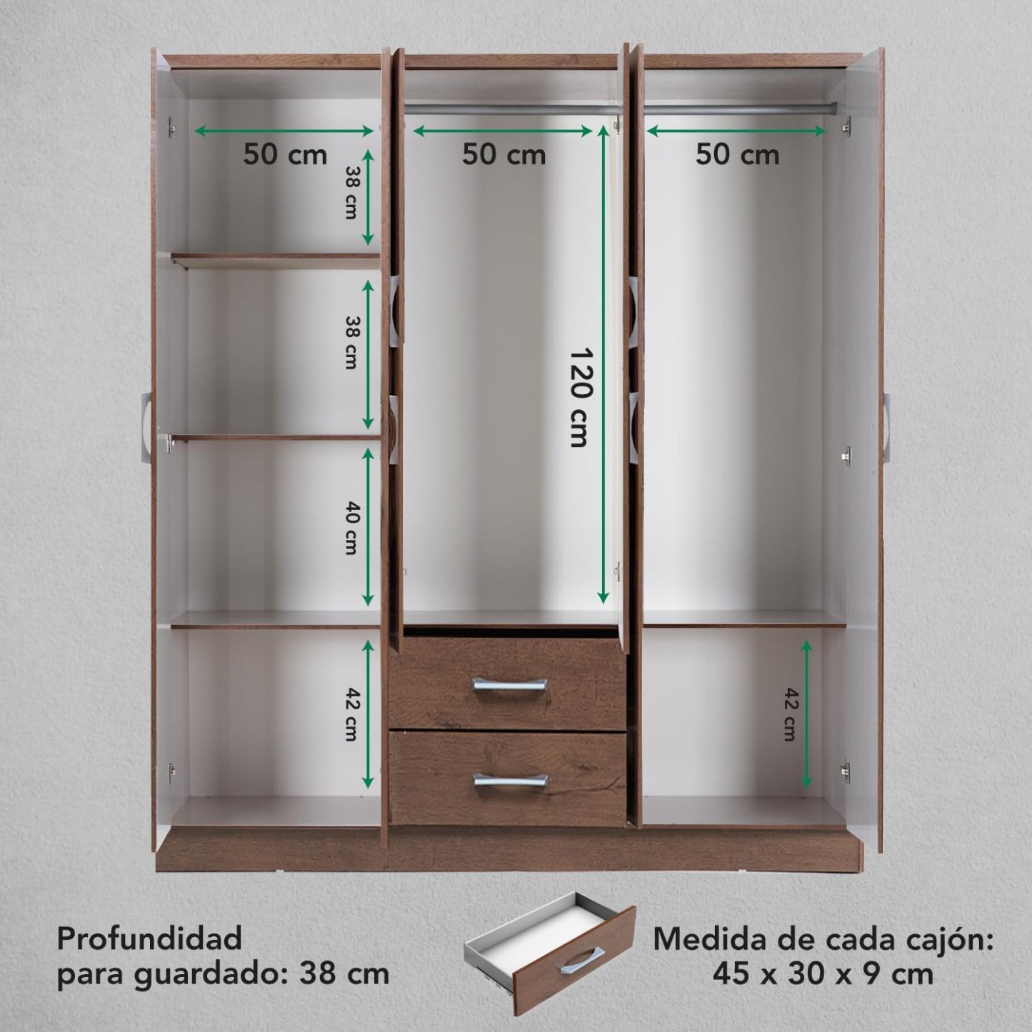 Kingshouse | Ropero De 6 Puertas con 2 Cajones – Color Café – Barra para Colgar – Estructura MDP – Mueble Organizador De Ropa – Armario para Casa, Recámara y Hogar