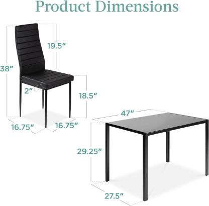Best Choice Products - Juego de mesa de cocina y comedor de 5 piezas con tapa de cristal y 4 sillas de cuero Dinette, color negro