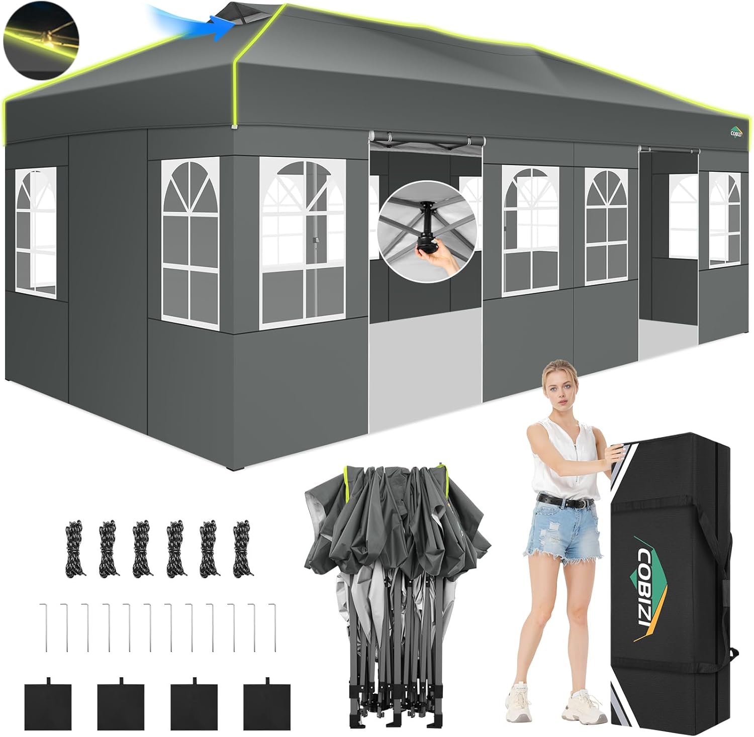 COBIZI - Tienda de campaña desplegable de 10 x 20 Pulgadas, Tienda de campaña instantánea Comercial para Bodas, Fiestas con 3 Altura Ajustable, toldo Ez Up para Exteriores, Impermeable, UPF50+ con